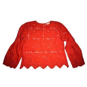Adiva Red Floral Lace Bell Sleeve Blouse Scalloped Hem Eyelet Top Large